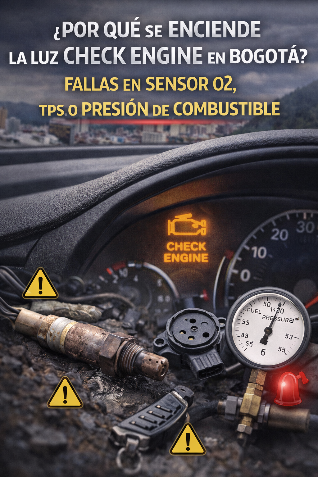 ¿Por Qué se Enciende la Luz Check Engine en Bogotá? Fallas en Sensor O2, TPS o Presión de Combustible